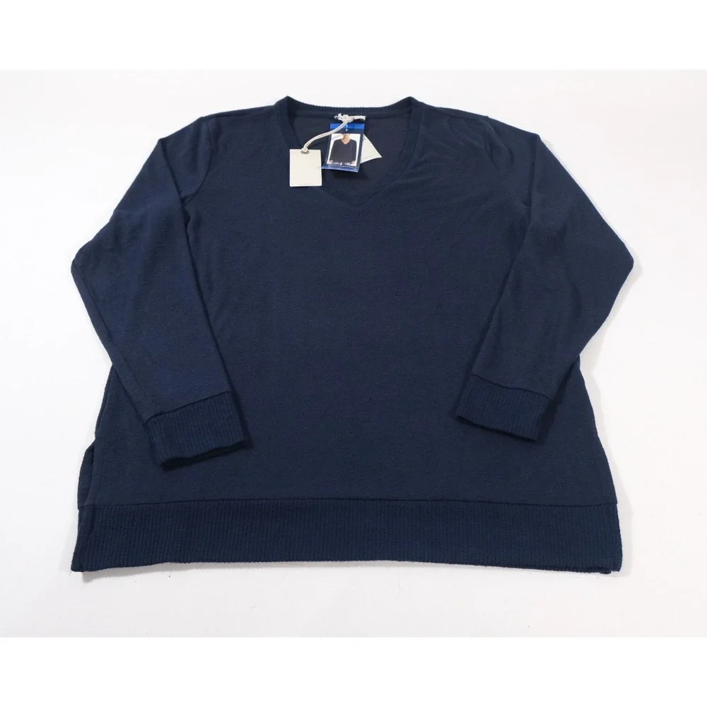 Lucky Brand Sweater‎ Womens L Navy Blue V-Neck Pullover Long Sleeve Ribbed Trim